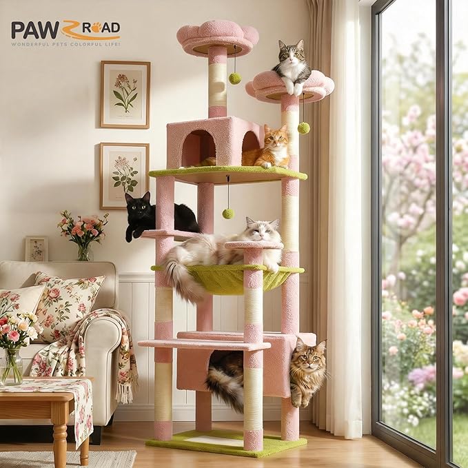 PAWZ Road Flower Cat Tree, 72 Inches Large Cat Tower with Steel Frame Hammock and 7 Scratching Posts, Tall Cat Tree with 2 Condos and Perches for Large Indoor Cats - Pink