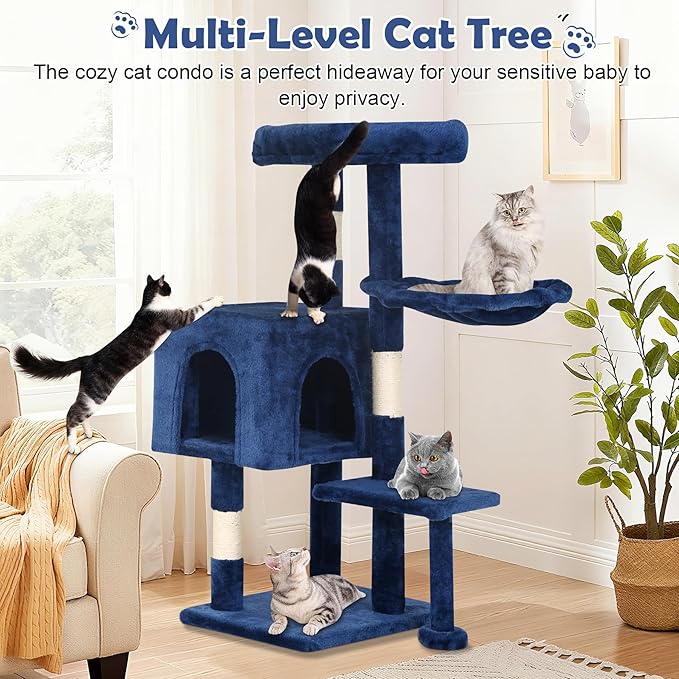 BLKMTY 36" Cat Tree Tall Cat Tower for Indoor Cats Condo Climber with Scratching Post, Climbing Stand, Plush Top Perch and Mouse Toy Cats Playhouse Kitty Activity Trees with Hammock, Navy Blue