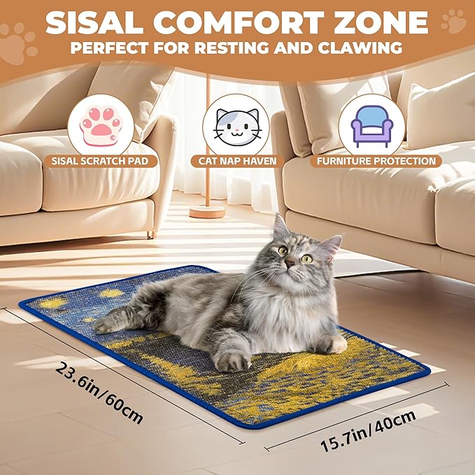 Sisal Cat Scratcher Mat, Cat Wall Scratcher for Indoor Cats, 23.6x15.7 Inch Cat Scratch Pad with Hook & Loop, Wall Mounted Cat Scratching Post to Protect Couch and Carpet（Starry River）