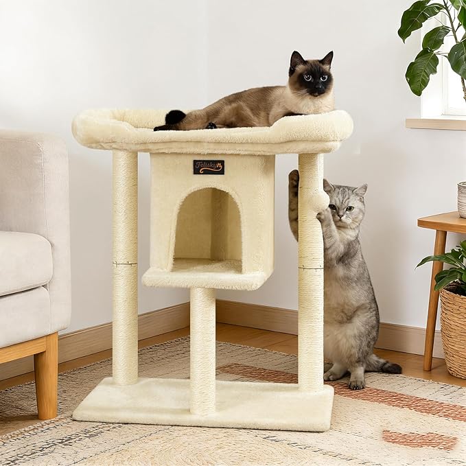 Cat Tree Tower Scratching Post for Indoor Large Cats, Small Cat Tree with Big Perch Bed, 28in Tall Trees House with Condo Cave, Toy Balls, Modern Climbing Furniture Platform for Kitten (Beige)
