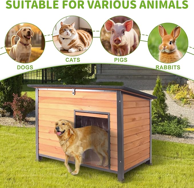 Dog House Outdoor Weatherproof, Sturdy Large Breed Doghouse Anti-Chewing Iron Frames Wood Houses, Dog Shelter for Indoor Puppies, Cats