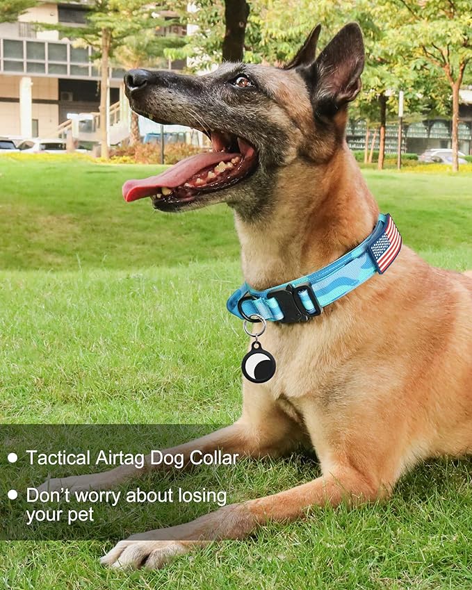 Hotsky Tactical Dog Collar, Adjustable Military Training Nylon Airtag Collar with Handle and Heavy Duty Metal Buckle for Medium Large Dogs, with Airtag Holder and Two Patches （Blue Camo,M）