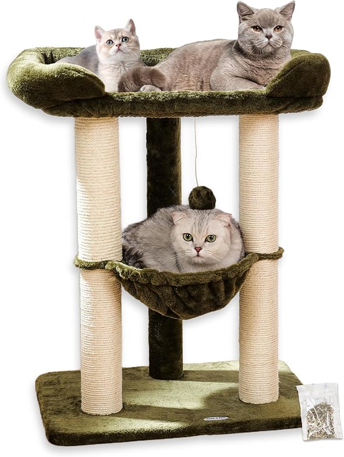 Happi N Pets 28" Cat Tree, Large Bed for Big Cats, Small Cat Tower with Soft Perch for Window Viewing, Stable Cat Tree Tower, Cat Scratching Post with Hammock, Removable Cover-Green