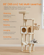 Feandrea Cat Tree, 65-Inch Tall Cat Tower, Multi-Level Condo with Cave, Basket, Hammock, Pompom, Scratching Posts, Almond Yellow UPCT118Y01