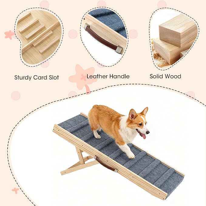 Dog Ramp for Bed, 43.3" Long Wooden Pet Ramp for Small & Large Dogs, 4 Adjustable Heights 12.6" to 24" with Anti-Slip Carpet & Carrying Handle Holds, Portable Dog ramps for Car, Bed, Couch, Outdoo