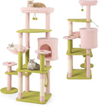 PETSITE 58-inch Flower Cat Tree, Multi-Level Cat Tower with Sisal Scratching Posts and Board, Cat Condo, Side Basket, and Dangling Balls, Cute Pink Cat Tree Tower for Indoor Cats