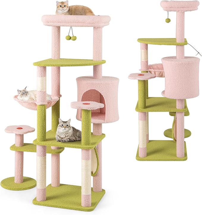 PETSITE 58-inch Flower Cat Tree, Multi-Level Cat Tower with Sisal Scratching Posts and Board, Cat Condo, Side Basket, and Dangling Balls, Cute Pink Cat Tree Tower for Indoor Cats