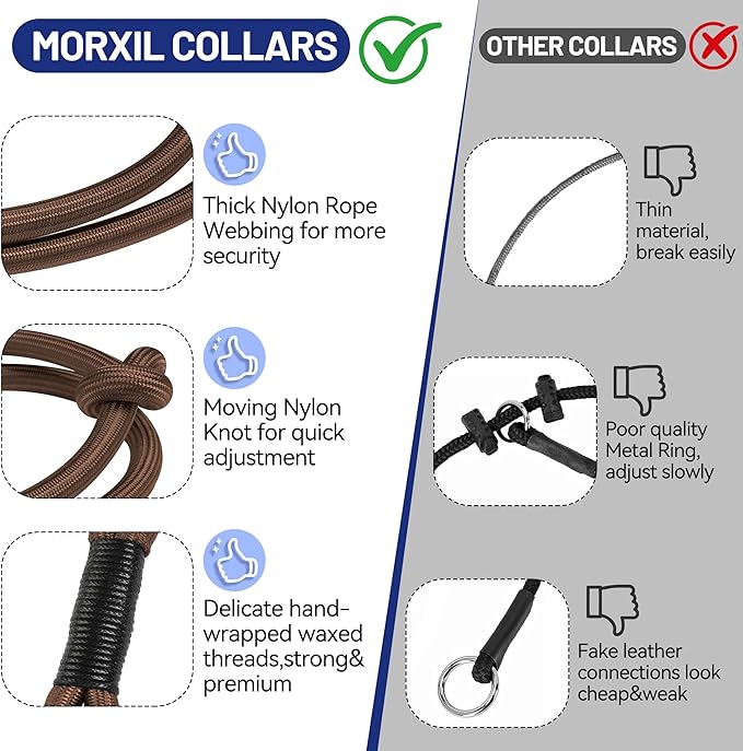 Slip Dog Collar, Nylon Rope Dog Choker Collars with Adjustable Stopper, Heavy Duty Collar for Medium Dog Training (Brown)