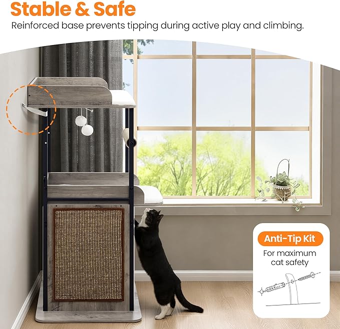 Wood Modern Cat Tree Tower for Indoor Large Cats,48-Inch Tall Wooden Cat Trees with Big Perch Bed, Multi-Level Condo with Scratching Board and Posts, Removable Pads, Cat Furniture, Greige
