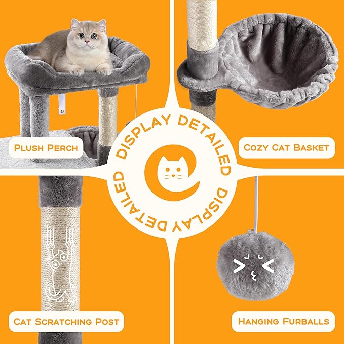 HOOMIC 36" Cat Tree for Indoor Kitty, Multi-Level Condo with Sisal Scratching Posts and Board, Cozy Hammock, Padded Plush Perch for Kittens, Grey