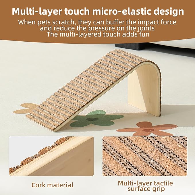 THAKWEN Natural Cork L-Shaped Cat Scratcher, Eco-Friendly Corrugated Paper Wear-Resistant Cat Scratching Pad, Wall/Sofa-Mounted Cat Claw Grinding Toy for Small Apartments, Pet Supplies (Floral Red)