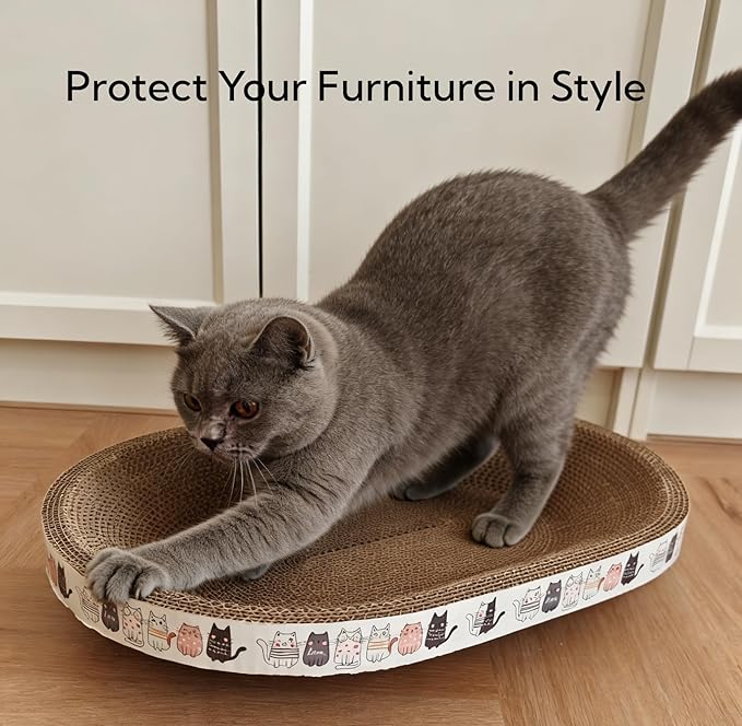 Cat Scratcher Bed with Toys, 2 Pack Oval Cat Scratcher Cardboard, Indoor Cat Scratch Bowl, Large Pad Cat Scratching Board with Catnip Fish Toy & Feather Wand for Furniture Protector