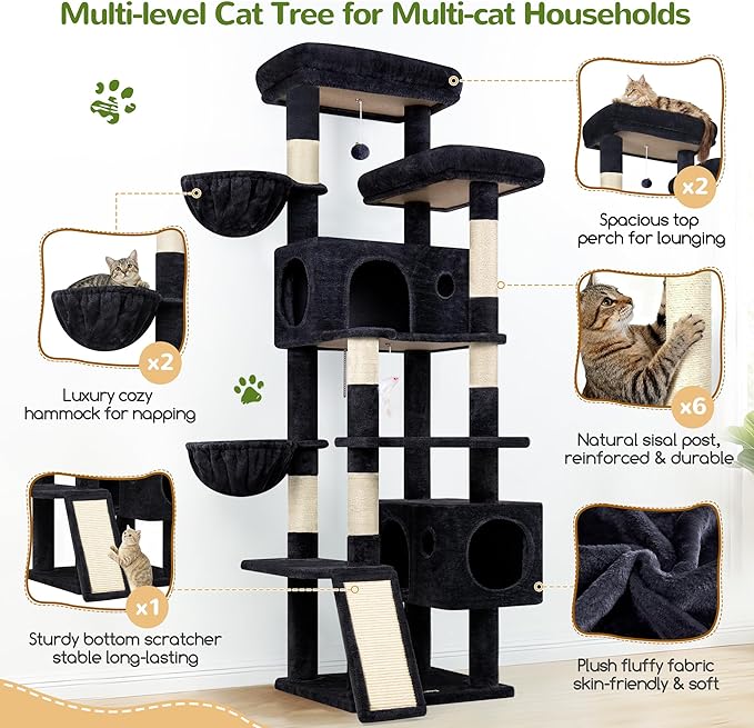 Globlazer 77" Cat Tree for Large Cats, Tall Cat Tower with Scratching Board & Thickened Stable Base, Skin-Friendly Multi-Level Activity Center for Multi-Cat Household, Maine Coon, S77C,Dark Grey