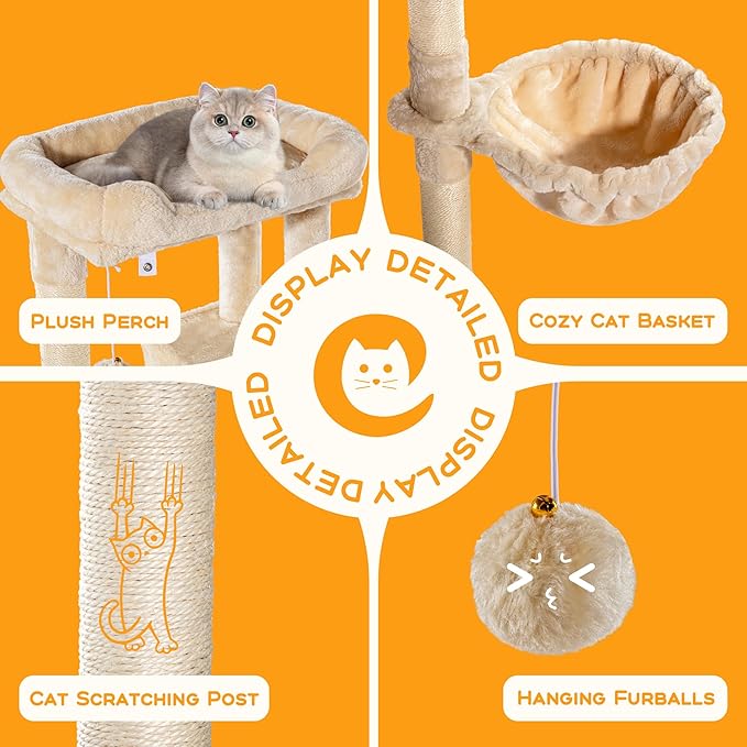 HOOMIC 36" Cat Tree for Indoor Cats, Multi-Level Cat Condo with Sisal Scratching Posts and Board, Cozy Hammock, Padded Plush Perch for Kittens, Beige
