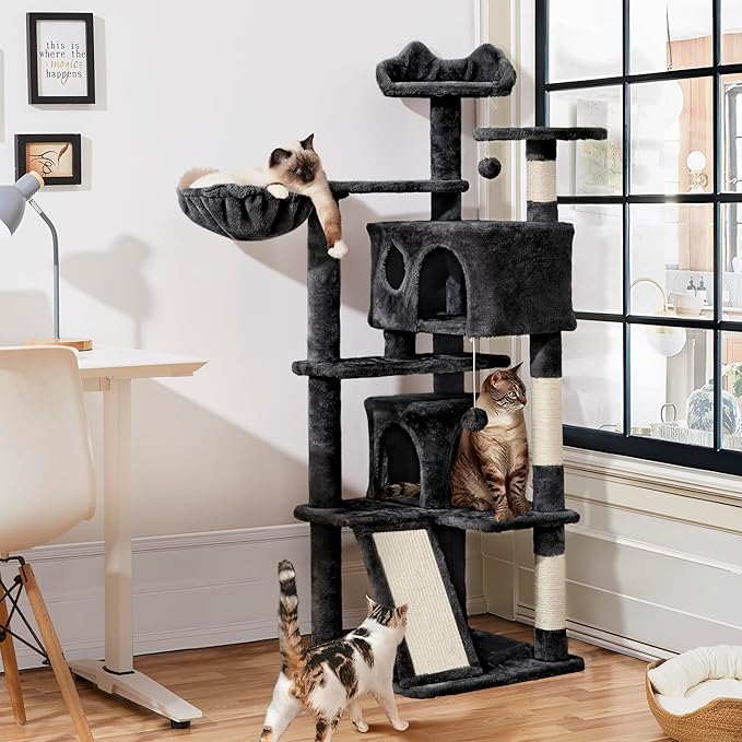 Yaheetech Cat Tree, 57 inches Cat Tower with Double Condo, Scratching Board and Basket, Cat Furniture for Indoor Cats Kitten- Black