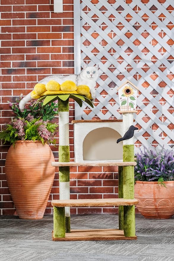 HYABi 44.1 Inch Tall Flower Cat Tree Tower Condo Climbing for Indoor Cats Multi Level with Sisal Scratching Post Hammocks Pet House Play Home Furniture Platform