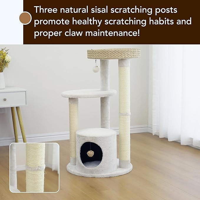 PetPals 4-Level Multi-Activity Cat Tree with Base Condo,Handwoven Paper Rope Top Nest Bed, Replaceable Sisal Scratching Posts,Teaser Toy (Cream and Beige)