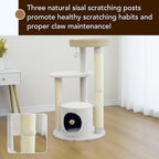 PetPals 4-Level Multi-Activity Cat Tree with Base Condo,Handwoven Paper Rope Top Nest Bed, Replaceable Sisal Scratching Posts,Teaser Toy (Cream and Beige)