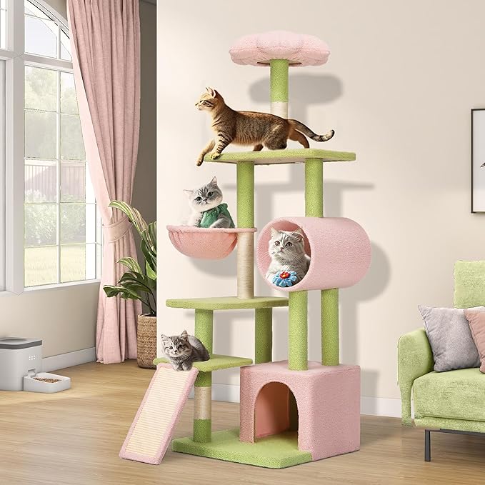 YITAHOME Tall Flower Cat Tree Tower with Detachable Perch, 65in Cute Cat Climbing Tower for Indoor Cats with Cat Condo, Basket, Tunnel, Sisal Scratching Posts and Board, Pink and Green