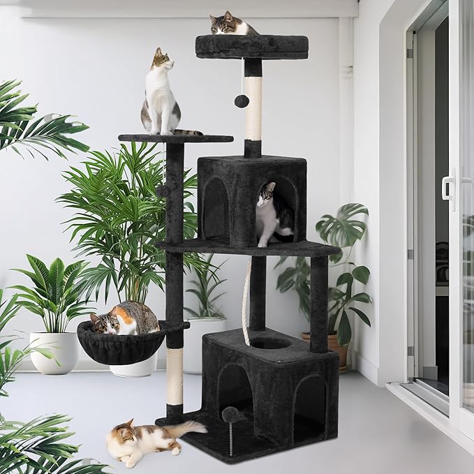 54 Inches Large Cat Tree Tower for Indoor Cat, Tall Cat Tower with Scratching Posts, Cat Condos, Cat Hammock, Pompoms, Top Perches, Sisal Rope, for Bed Room, Living Room (Black)