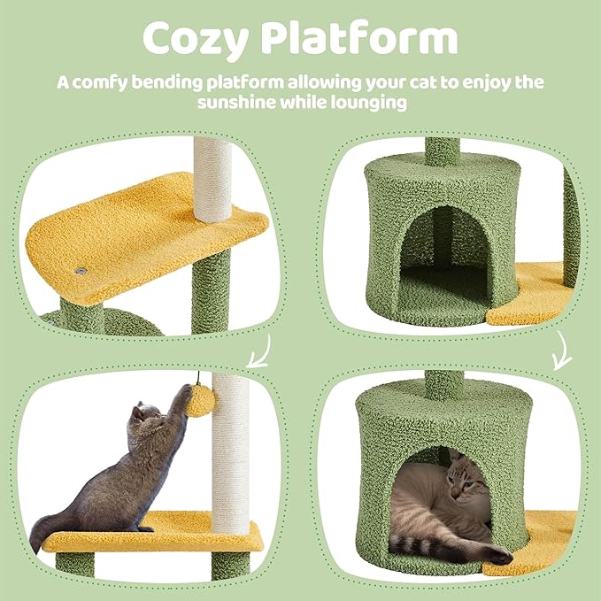 Yaheetech Cat Tree for Indoor Cats, 37in Coconut Palm Cat Tree with Green Leaves, Cat Scratching Post Cat Tower with Large Condo, Play House Activity Center with Bending Perch, Green/Yellow