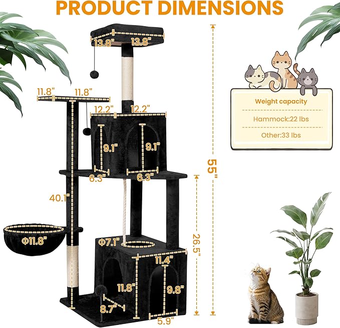 Cat Tree, 54-Inch Cat Tower for Indoor Cats,Plush Multi-Level Cat Condo with Scratching Posts, Basket, Perches,2 Caves,2 Pompoms(Black)