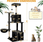 Cat Tree, 54-Inch Cat Tower for Indoor Cats,Plush Multi-Level Cat Condo with Scratching Posts, Basket, Perches,2 Caves,2 Pompoms(Black)