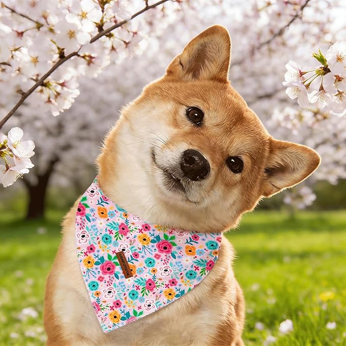 Elegant little tail Dog Bandana, Pink Rose 1PC Washable Dog Scarf Female or Male Square Bib Kerchief Scarf Adjustable Pet Bandana for Medium Large Dogs