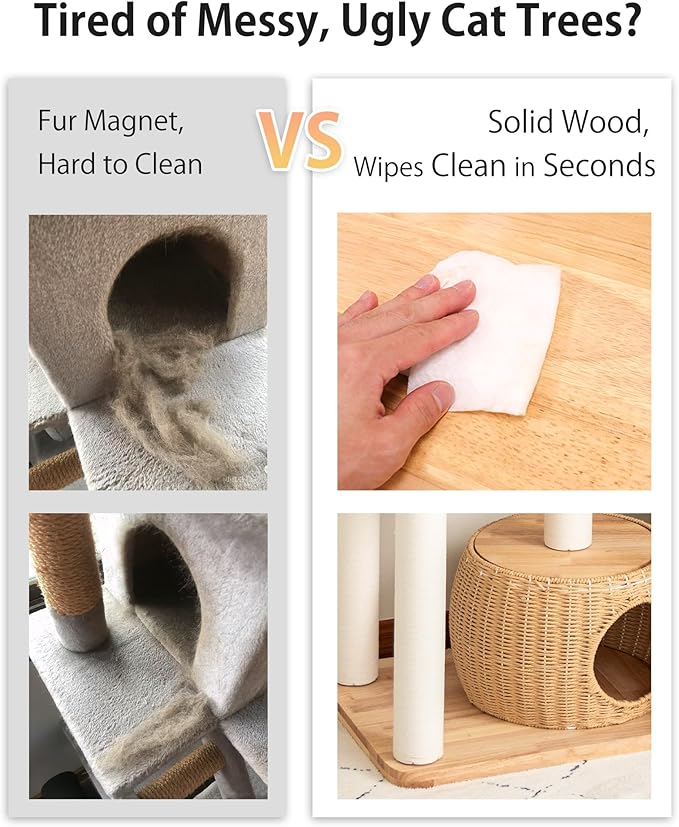 Modern Cat Tree for Large Cat, 63-Inch Tall Cat Tower with Scratching Post for Indoor Cats, Multi-Level Cat Condo with Hand-Woven Cat Bed and Acrylic Bowl