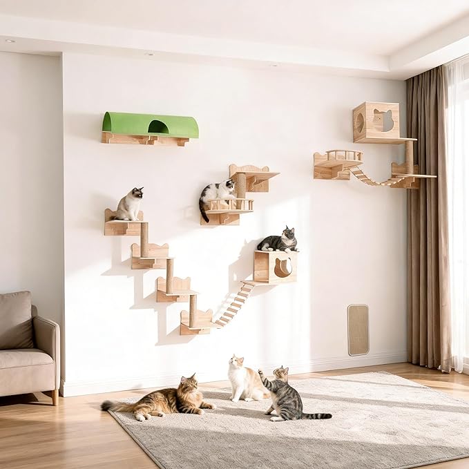 Cat Wall Shelves, 18 in 1 Cat Wall Furniture with Green Tunnel, Condos, Bridge, Climbing Post & Scratching Pad Modular Wall Mounted Cat Playground for Large Spaces & Multi-Cat Homes