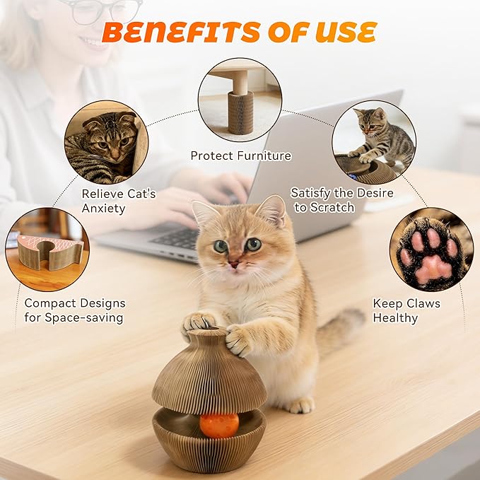 Magic Organ Cat Scratcher, Kitty Kurlz Cat Toys Cardboard Cat Scratching Board, Interactive Cat Toys for Indoor Cats, Mental Physical Exercise Cat Toys with Bell Ball