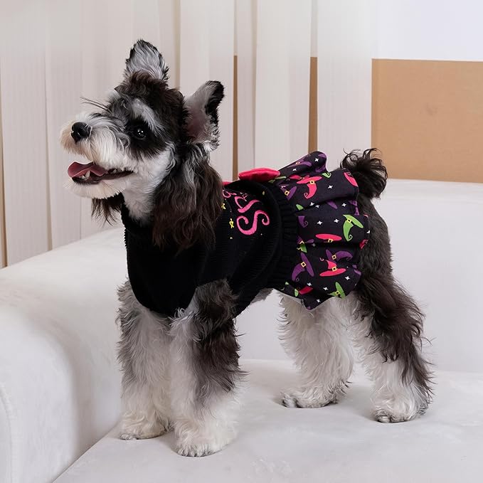 CuteBone Halloween Dog Sweater Dress Spooky Embroidery Turtleneck Puppy Sweater with Bowtie Harness Hole Pullover Winter Dress for Medium Dogs