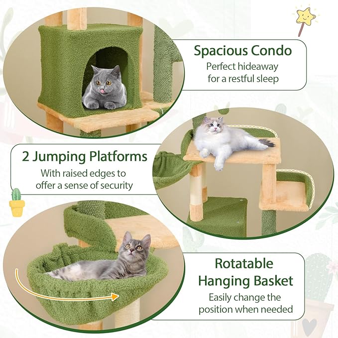 Tangkula Cactus Cat Tree, 63 Inch Multi-Level Tall Cat Tower with Sisal Scratching Posts & Board, Condo, Padded Perch, Hanging Toys, Basket Bed, Platforms, Green Cute Cat Tree for Indoor Cats
