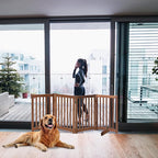 LZRS Freestanding Extra Wide Dog Gate 30 inch Tall - 4 Panels Solid Wooden Pet Gate for Doorways, Stairs, Hallways,Kitchens& Long Areas, Expandable & Foldable with Support Feet,Indoor Use,Oak