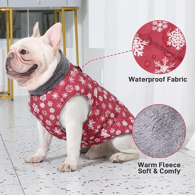 Warm Fleece Dog Coats with Durable Harness Buitl in D-Ring,Waterproof Puppy Jacket for Small Dogs,Dog Vest for Cold Winter,Red,Snow Pattern M