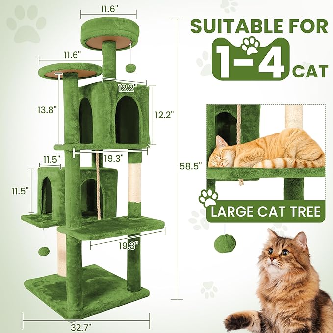58.5inch Large Cat Tree Tower Condo for Indoor Cats, Soft Plush Multi-Level Climbing Tree Cat House with Cat Cave, Scratching Post, More Entrance/Exit, Sisal Rope, Green