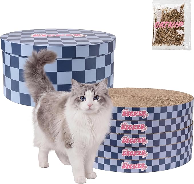 CSR1012H Kate 12 Inch Cardboard Cat Scratcher Pads with Box & Catnip, Reversible Heavy-Duty Scratch Boards for Cats, Furniture Protection, Modern Checker Pattern, Navy/Blue, 5-Pack