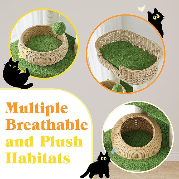 SHA CERLIN 57-Inch Cat Tree Tower for Indoor Cats, Multi-Level Cat Condo with 3 Rattan Woven Beds, Plush Platforms, Sisal Scratching Posts & Interactive Toys - Green Cat Furniture