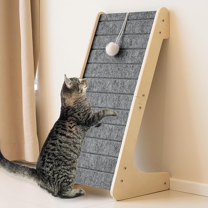 PETKARAY Felt Cat Scratcher, L Shaped Scratching Pad, Scratch Resistant Carpet Scratcher Ramp, Slot-Free Scratch Board with Toy Ball, Dark Grey