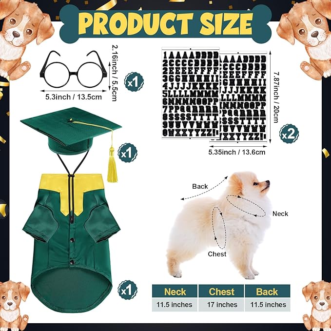 5 Pcs Dog Graduation Costume Set Include 2026 Pet Graduation Gown with Stole Puppy Grad Cap Lensless Glasses DIY Letter Stickers for Dogs Cats Holiday Costume Accessory(Green Yellow,S)