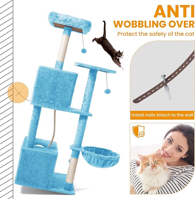 Cat Tree, 54-Inch Cat Tower for Indoor Cats,Plush Multi-Level Cat Condo with Scratching Posts, Basket, Perches,2 Caves,2 Pompoms(Blue)