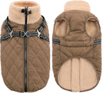 Queenmore Dog Coat, Dog Coats for Small Dogs, Doggy Winter Jacket with Zipper On Back, Waterproof Pet Jacket with Harness Built in, Pet Puffer Coat for Bichon, Schnauzer, Yorkie, Brown S