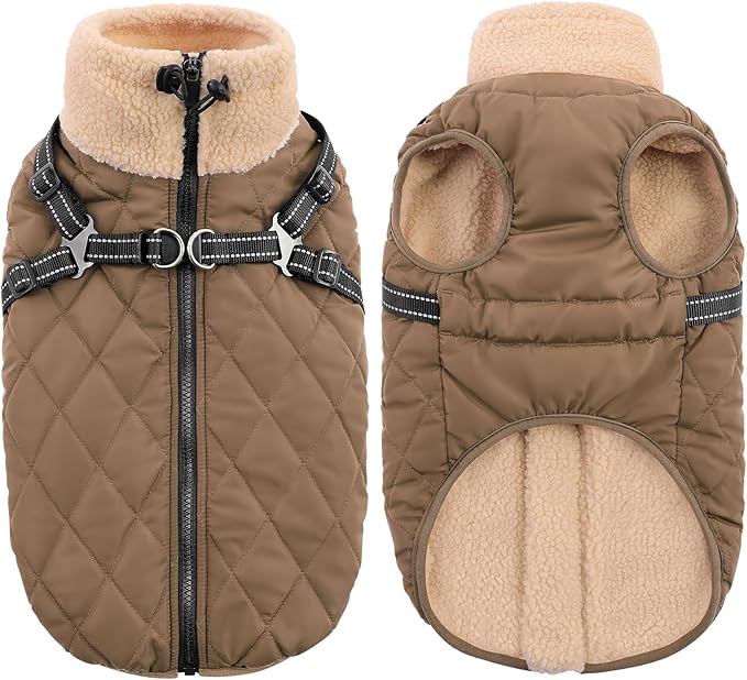 Queenmore Dog Winter Jacket, Dog Coats for Large Dogs, Warm Cozy Pet Jacket Winter with Harness Built in, Waterproof Pet Snow Jacket, Thick Fleece Lining Snowsuit for Large Dogs, Brown L