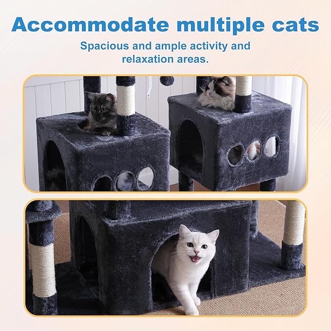 Hey-brother Cat Tree Tower, Large Sisal Scratching Posts with Big Platform, 3 Spacious Condos, Plush Hammock, Toy, 57.5 Inches Multi-Level Furniture for Indoor Adults Maine Coon, Smoky Gray MPJ083G