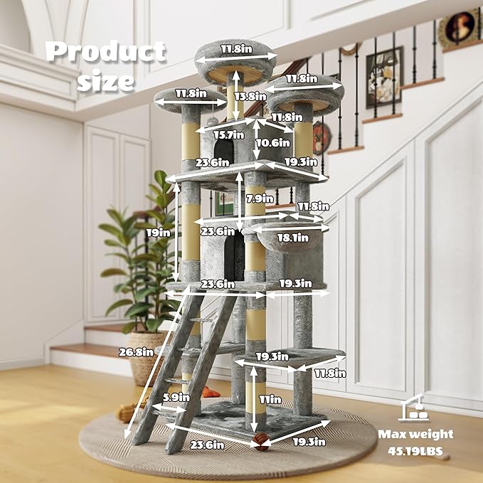 Large 70.87in Cat Tree with 2 Condos, 3 Perches & Hanging Hammock, Cat Tower with Short Plush & No Sharp Edges, Natural Sisal Scratching Areas, Safe & Stable for Multi-Cat Families (Gray, 70.87in)