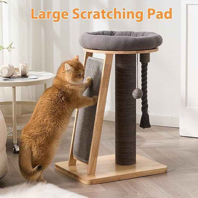 Modern Cat Tree Small Tower with Scratching Post for Indoor, Solid Wood Multifunctional Corner Cat Tree Tower with Bed, Dangling Ball,Interactive Rope, Scratching Board