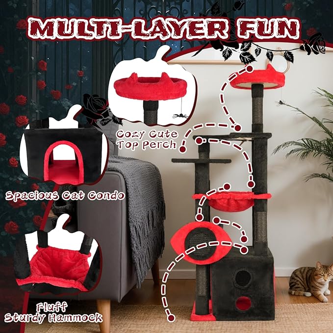 Gothic Cat Tree with Coffin Bed, 53" Large Tall Cat Tower for Indoor Cats with Top Perch, Spacious Cat Condos, Spider Hanging Balls,Comfy Hammock, Scratching Post and Ladder, Black Halloween