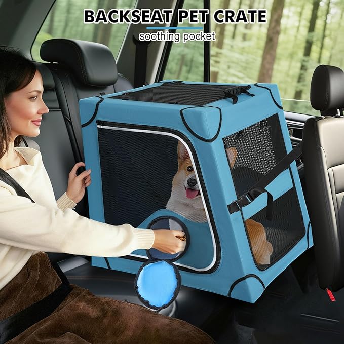 Snagle Paw Portable Dog Crate for Car Travel,Metal Frame Pet Crate,Pet Carrier for Car Back Seat Secures with Headrest Strap and Seatbelt,M