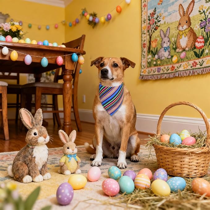 Easter Dog Bandana for Medium Large Dogs - Reversible Navy Bunny & Pastel Stripes Scarf, Cute Pet Accessory for Spring Gift (14-18" Neck)