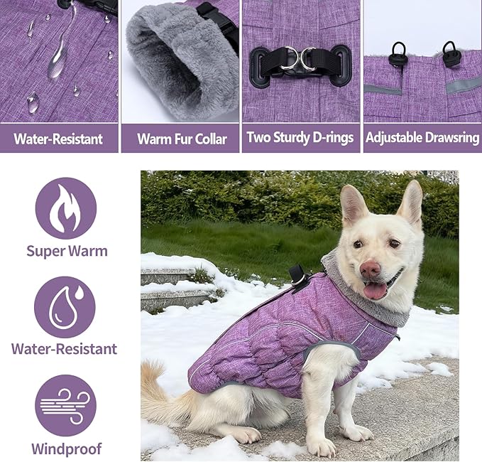 Malier Dog Coat, Reflective Dog Jacket Waterproof Windproof Puppy Cold Weather Coats with Harness Built in, Winter Extra Warm Pet Coat Fleece Vest for Small Large Pets and Puppy (Purple, XXX-Large)